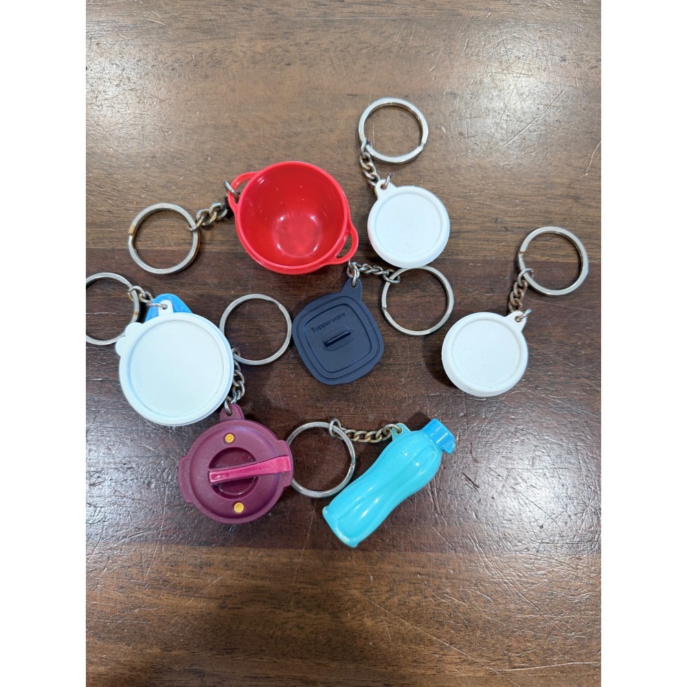 Vintage Tupperware Keychain Lot Miniature Tiny Replicas Bowl Bottle 7pc Set